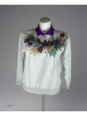 Vintage Fall Autumn Mock 2 Collar Gray Sweatshirt Women's Size Large Leaf Design
